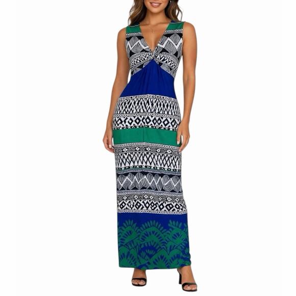 Chico's Dresses & Skirts - Chico’s Size 0 Blue Green Geometric Twist Front Stretch Maxi Dress XS Jersey
